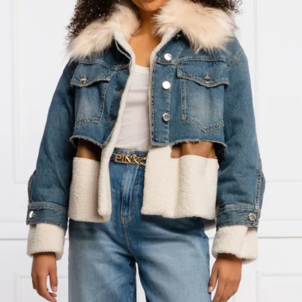 PINKO Faux Fur Trimmed Denim Jacket Size 12